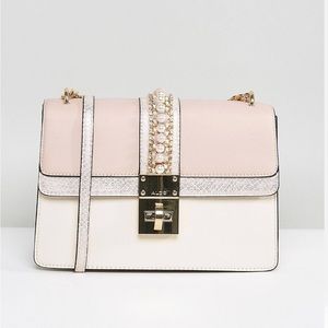 Aldo Pink/Cream Metallic Animal Print Body Bag with Pearl Embellishment
